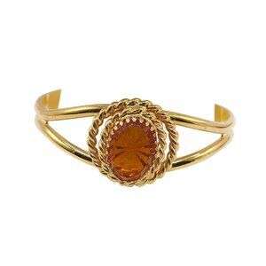 Vintage Gold Tone Cuff Bracelet With Amber Colored Glass Stone Rope Design